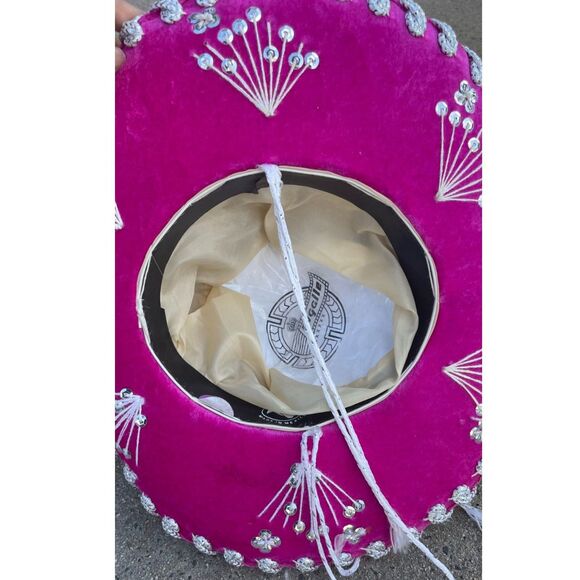 Vintage Pigalle Mexican Sombrero Pink Velvet Silver Embroidered Mariachi Charro